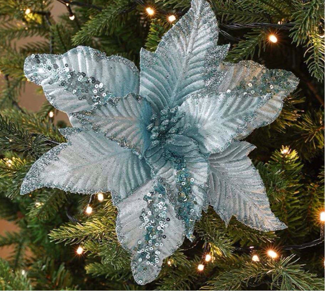 Christmas artificial flower. Teal blue Christmas tree decoration