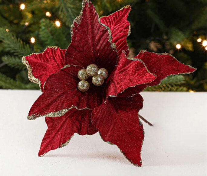 Christmas artificial flower. Red & gold glitter Christmas tree decoration