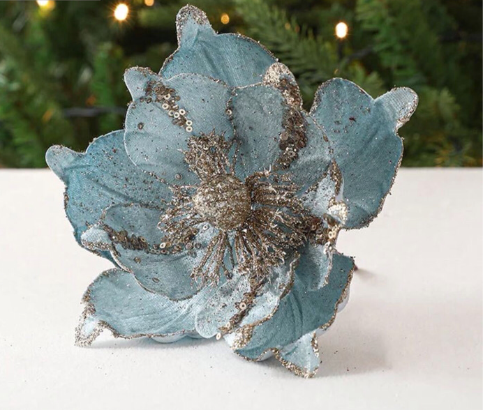 Christmas artificial flower. Dusty blue Christmas tree decoration