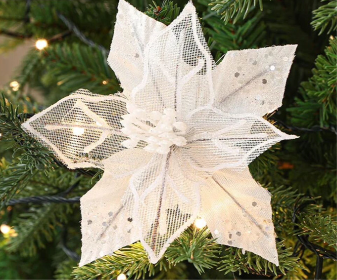 Christmas artificial flower. white mesh sequined Christmas tree decoration