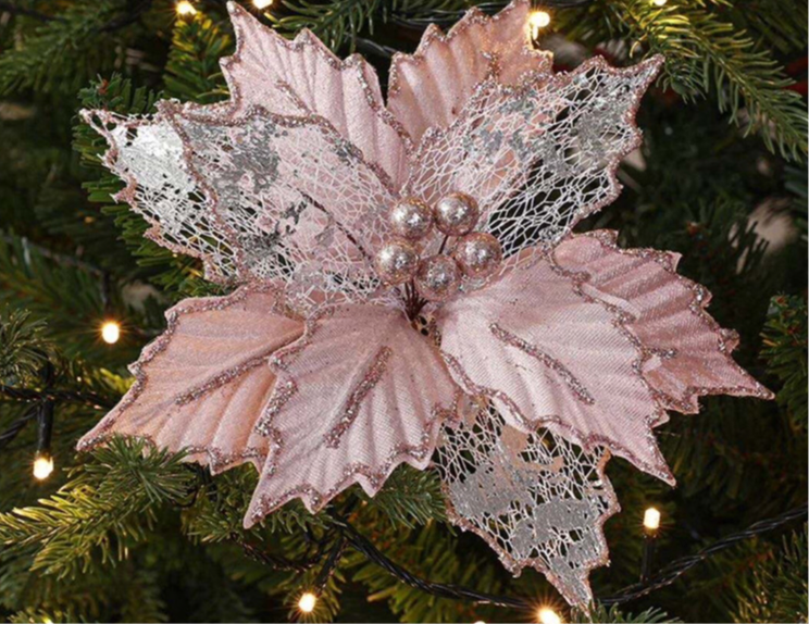 Christmas artificial flower. Pink glitter Christmas tree decoration