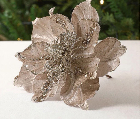 Christmas artificial flower. Champagne glitter Christmas tree decoration