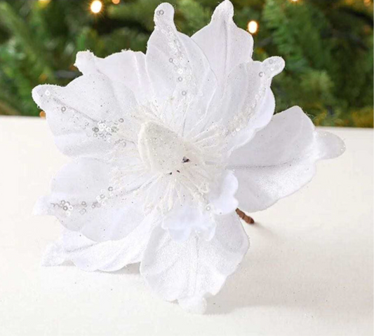 Christmas artificial flower. White sequined Christmas tree decoration