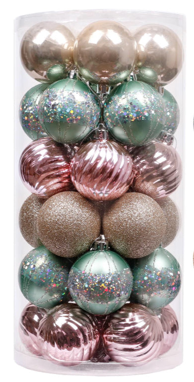 Multi Colour teal green, pink, Gold baubles 30 piece set